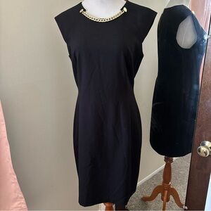 Calvin Klein Solid Black Gold Chain Embellished Sheath Dress Career Cocktail 10